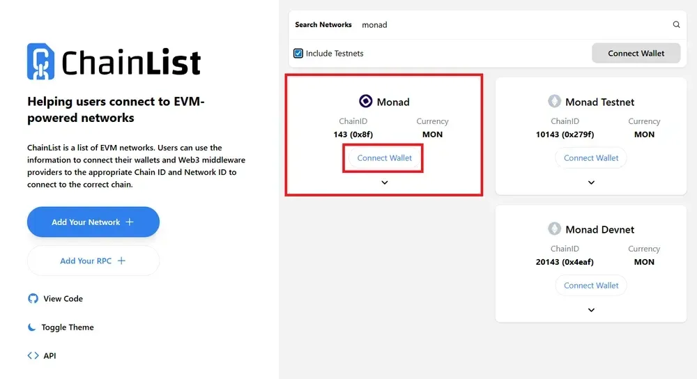 将Monad添加到MetaMask